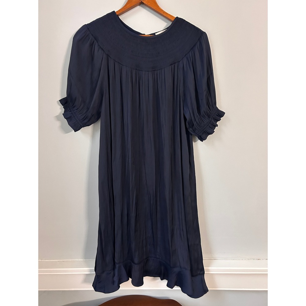 Loft Outlet Navy Blue Smocked Yoke Satin Puff Sleeve Ruffle Hem Dress M 794223